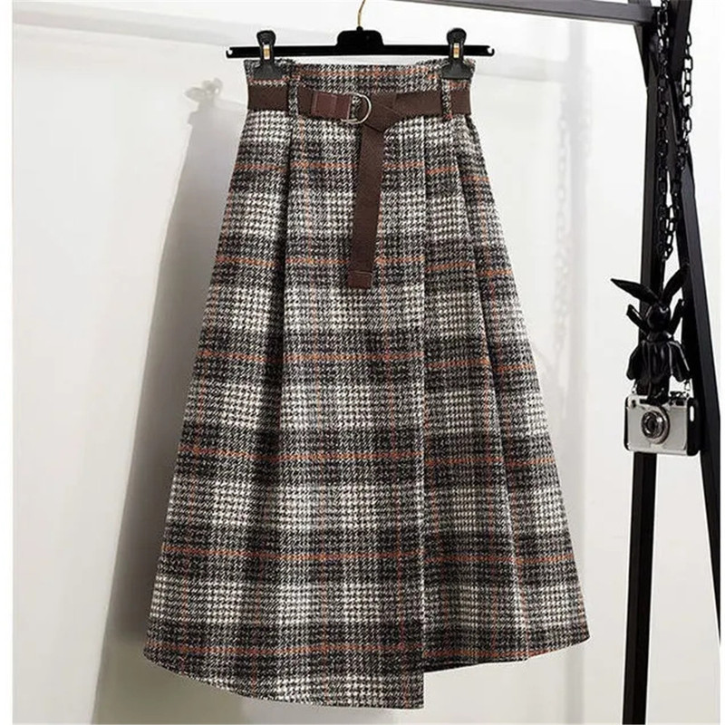  Autumn Women Plaid Irregular Wool Midi Skirts Pleated Sashes England Style Vintage Warm A-Line Long Skirt Faldas Mujer Moda 220317