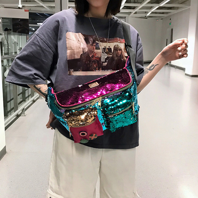 Color Sequins Womens Waist Bag Large Capacity Hip Hop Fanny Pack Multiple Pockets Belt s Female Shoulder Crossbody Chest 220621