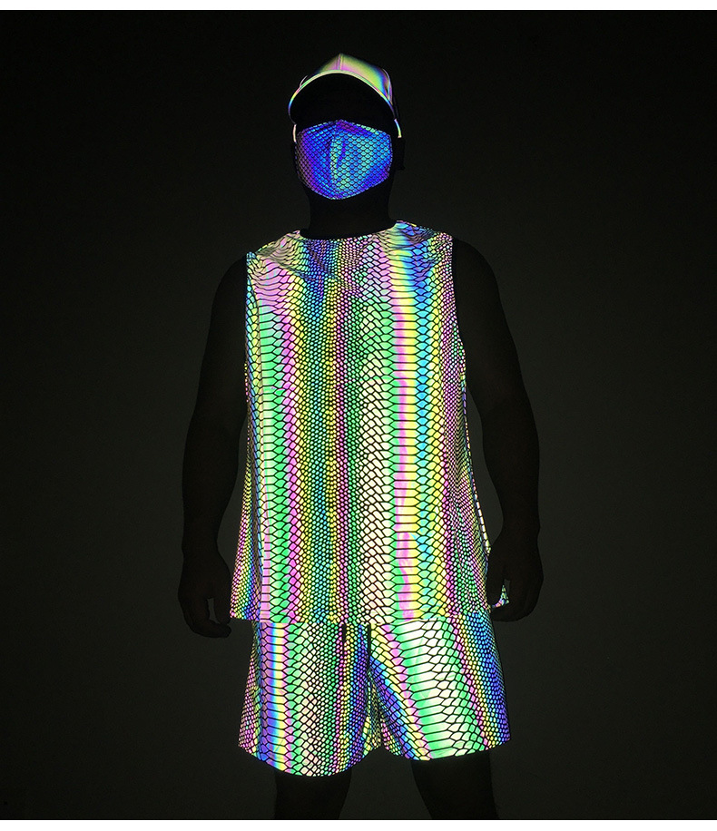 Men's Tracksuits Summer Tracksuit Sets Colorful Reflective Tank Top Elasticity Breathable Sportswear Vests Light Reflection Joggin