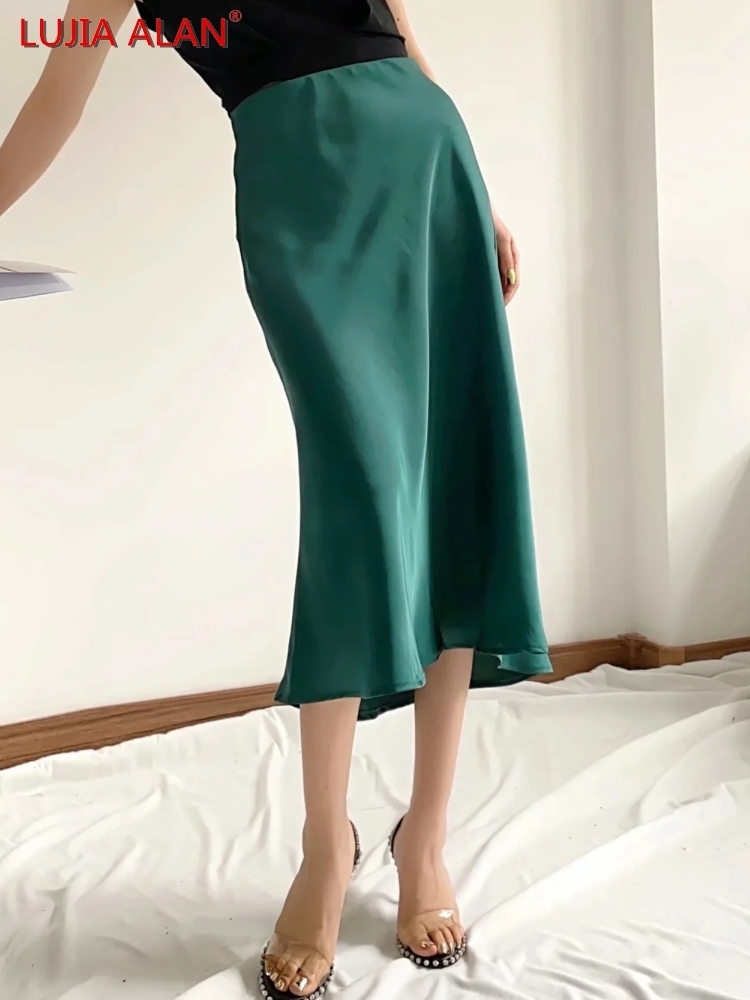 Solid Satin Elastic Waist Women A-Line Skirt Summer Female Slim Falda Midi LUJIA ALAN P1596 220322