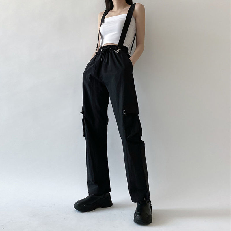 QWEEK Goth Cargo Pant Punk s Harajuku High Waist Oversize Detachable Strap Casual Trousers Emo Techwear 220325