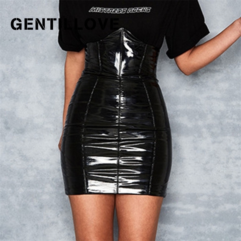 Gentillove Faxu Latex PU Leather Skirt For Woman Zipper Black High Waist Pencil Women Spring Wrap Sexy Mini Female 220317