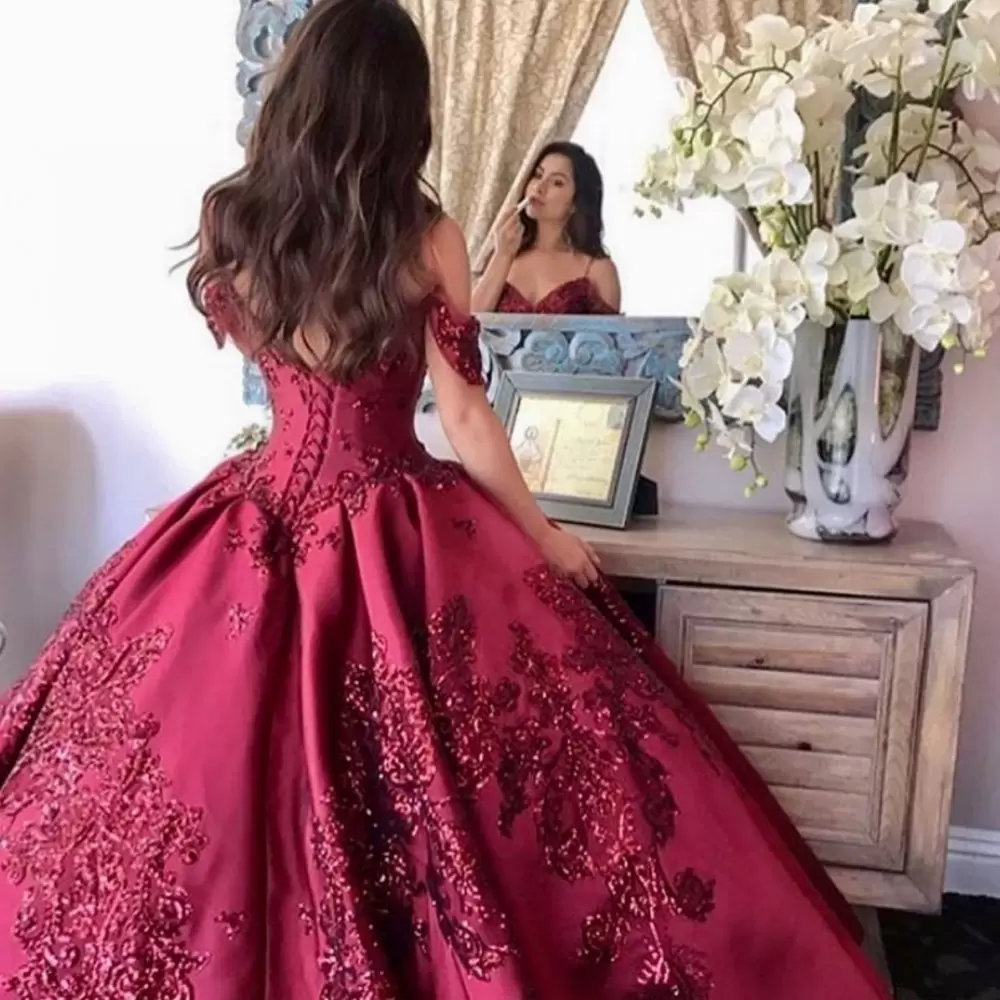 Quinceanera Off Bury Dresses The Shoulder Ball Gown Spaghetti Straps Sequins Applique Corset Pageant Formal Dress Sweet Birthday Party Prom Gowns S 66