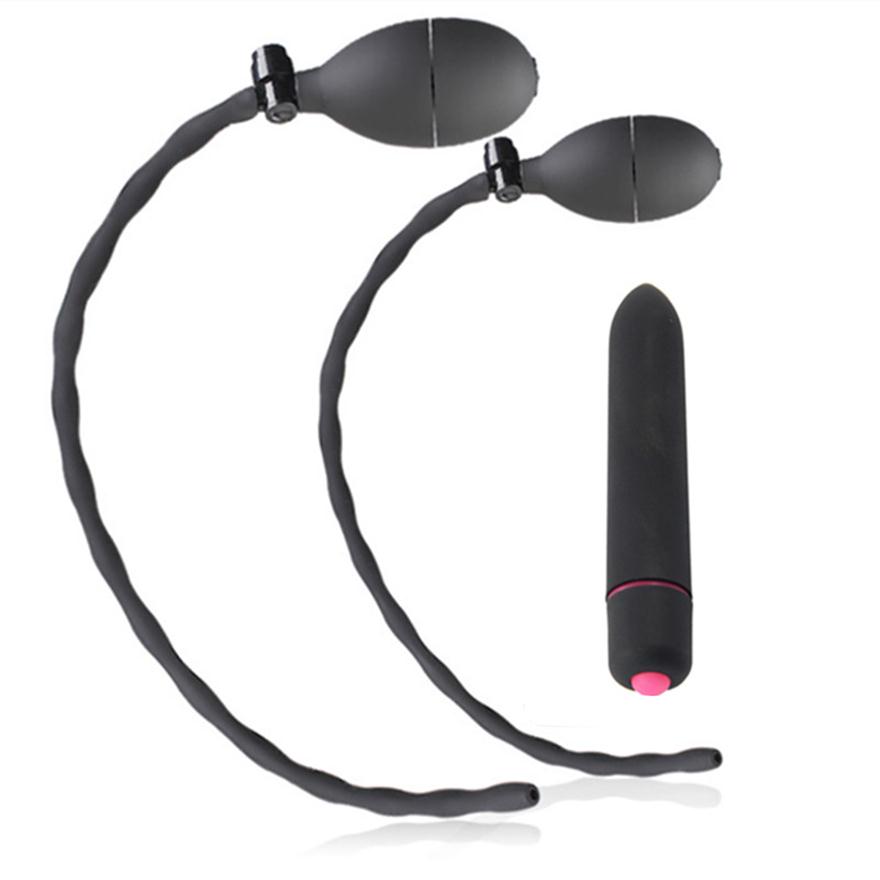 Inflatable Hollow Urethral Sound Dilator Silicone Penis Plug Insert 10 Speed Vibrating Bullet Anal Vibrator Sex Toys For Men Gay231j