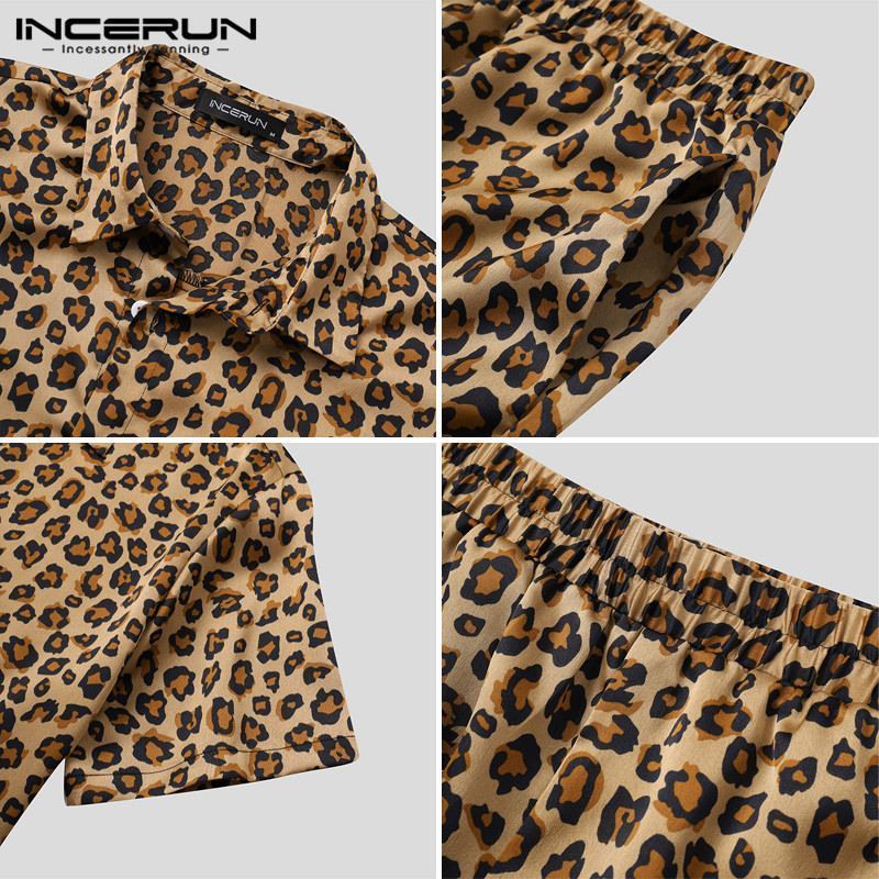 Summer Fashion Men Sets Streetwear Leopard Printed Lapel Short Sleeve Shirt Beach Shorts Hawaiian Suits 2 Pieces INCERUN 5XL 220708