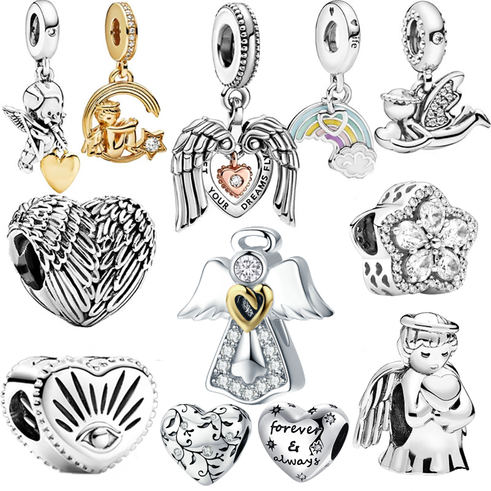 Popular High Quality 925 Sterling Silver Beads Angel Wings Rainbow Heart Charm for Original Bracelet Women DIY Jewelry Fashion Accessories