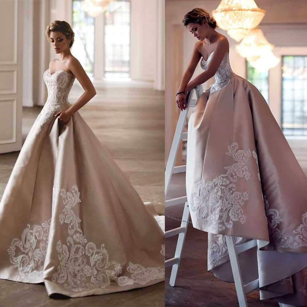 Elegant Pink Ball Gown Wedding Dresses Strapless Sleeveless Sweetheart Applioques Sequins Custom Made Cheap Bridal Gowns Sweep Train Vestidos De Novia