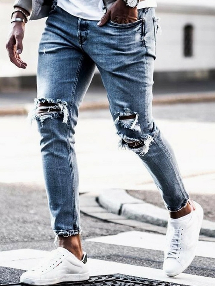 Streetwear Knee Ripped Skinny Jeans for Men Hip Hop Fashion Destroyed Hole Pants Solid Color Male Stretch Denim Trousers 220408