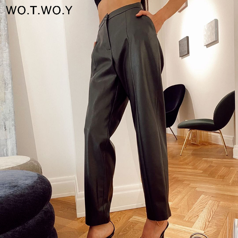 WOTWOY Elegant Spliced PU Leather Pant High Waist Office Lady Fomal Trousers Female Black Straight with Pockets 220325