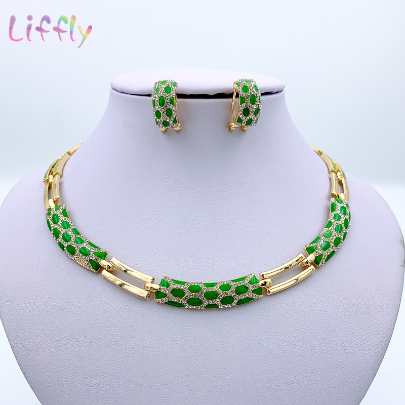 Dubai Womens Jewelry Fashion Green Necklace Bracelet Banquet Elegant women Earrings Ring Crystal Sets 220812