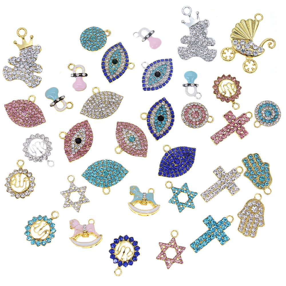 Cute Small DIY Craft Rhinestone Crystal Charms For Kids Cross Pacifier Bear Baby Stroller Evil Eye Shape Pendant Charm For Bracelet /Necklace