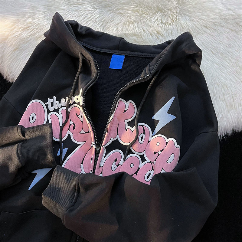 Oversized Retro Streetwear Zip Up Hoodie Letter Printing Sweatshirts Vintage Women Grunge Harajuku Punk Kawaii Y2k Clothes 220816