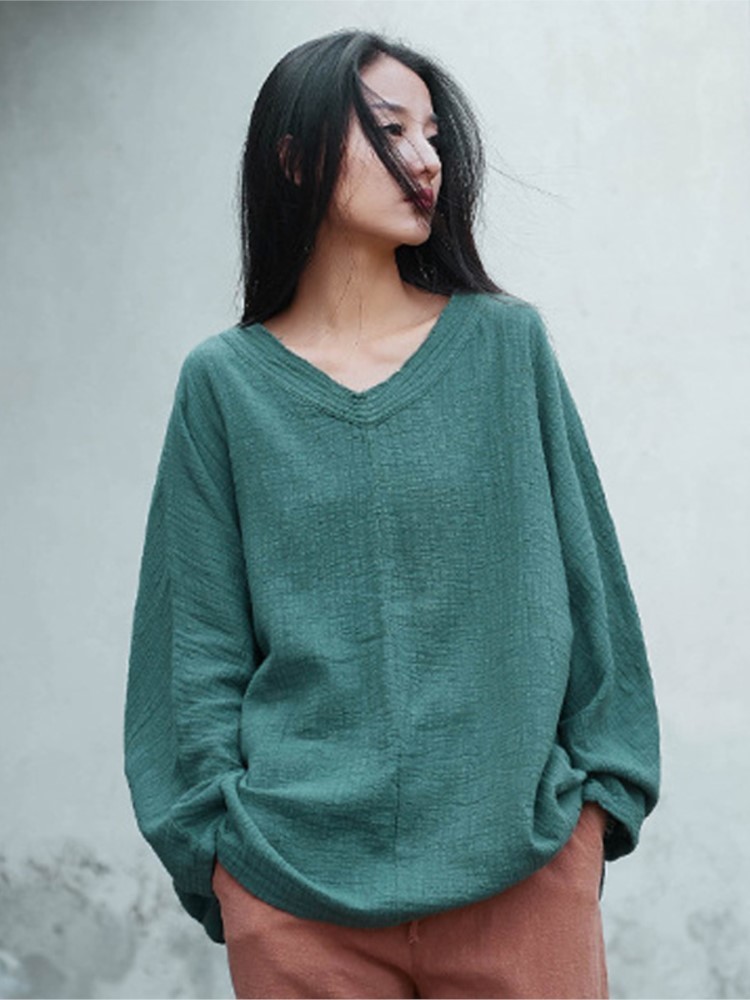 Johnature Spring Bat Sleeve T Shirts Vintage Women Cotton Linen V Neck Solid Color Cloths Casual 220714