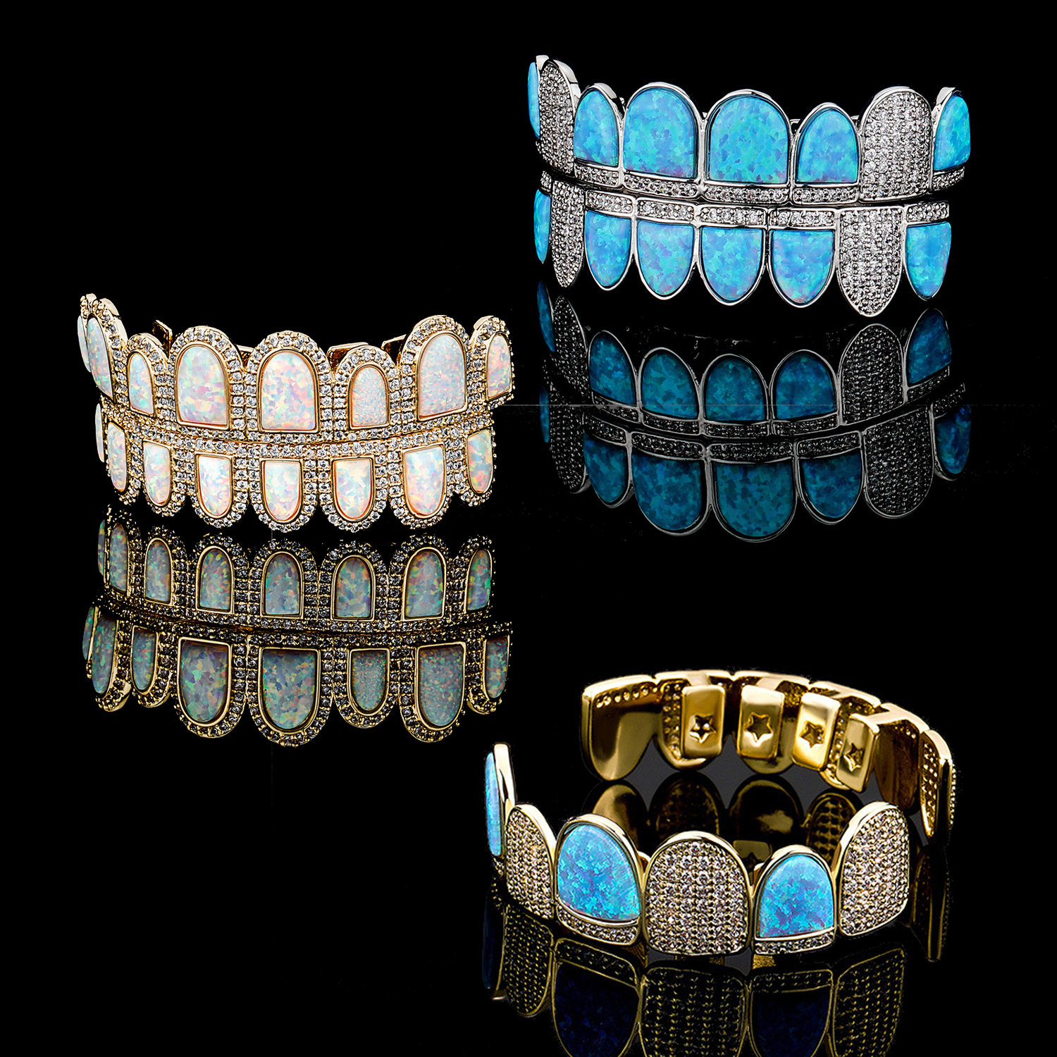 New 18K Real Gold White Blue Opal Grillz Brace Punk Hip Hop Iced Cubic Zirconia Dental Mouth Bling Fang Grills Vampire Tooth Cap Cosplay Rapper Jewelr