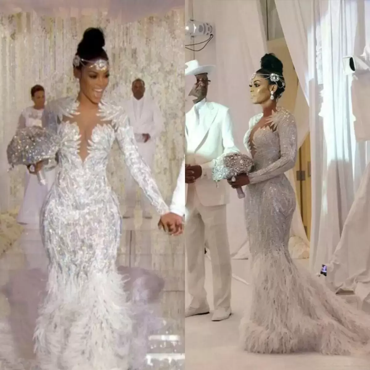 2022 Mermaid Wedding Dresses Bridal Gown Long Sleeves Feather Lace Applique Sweep Train Custom Made Vestido De Novia Plus Size Beach Country Castle