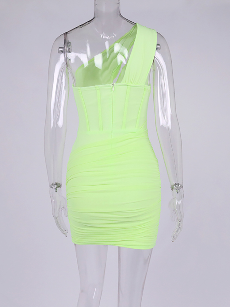 Asia Mesh Corset Dress Single Shoulder Cut out Boning Pad Underwire Lining Zip Bodycon Dress Sexy Mini Dresses for Women 220511