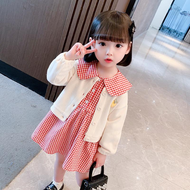 Clothing Sets Girls' Suits Skirts Autumn Clothes Western Style Knitted Jackets Doll Collar Plaid Dresses Two-piece Suit