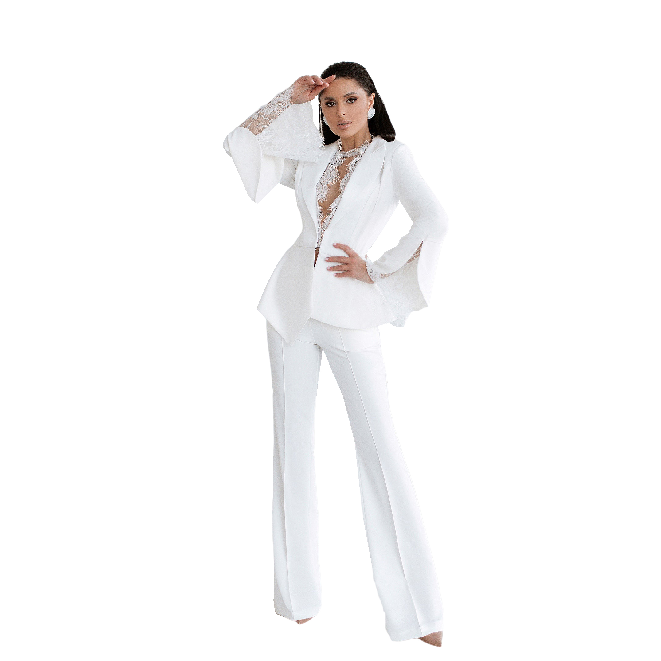White Lace Wedding Tuxedos Women Lady Long Sleeve Jacket Coat Suits 2022 Women Casual Wide Leg Trousers Set