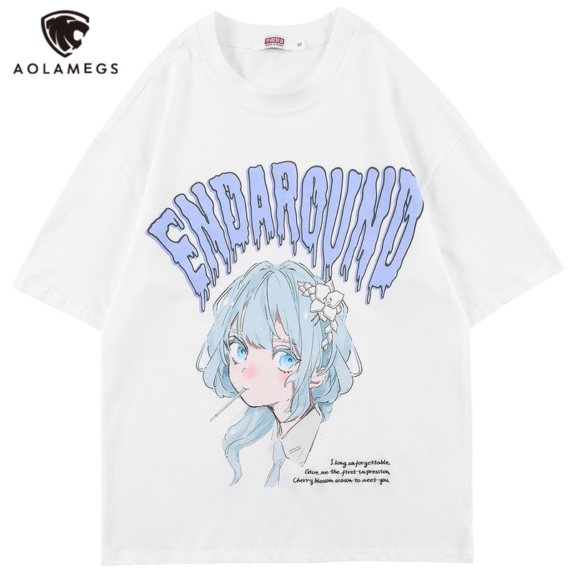 Aolamegs T-shirt Men Green Hair Girl Cartoon Anime Printed O-Neck Streetwear Japanese Harajuku Fashion Tops Men Clothing Summer 220408