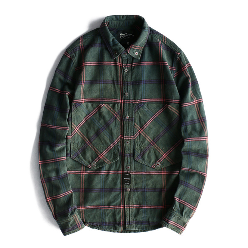 Trendy Men 's Top Workwear Plaid Washed Distressed Lapel Versatile Long Sleeve Shirt 220322