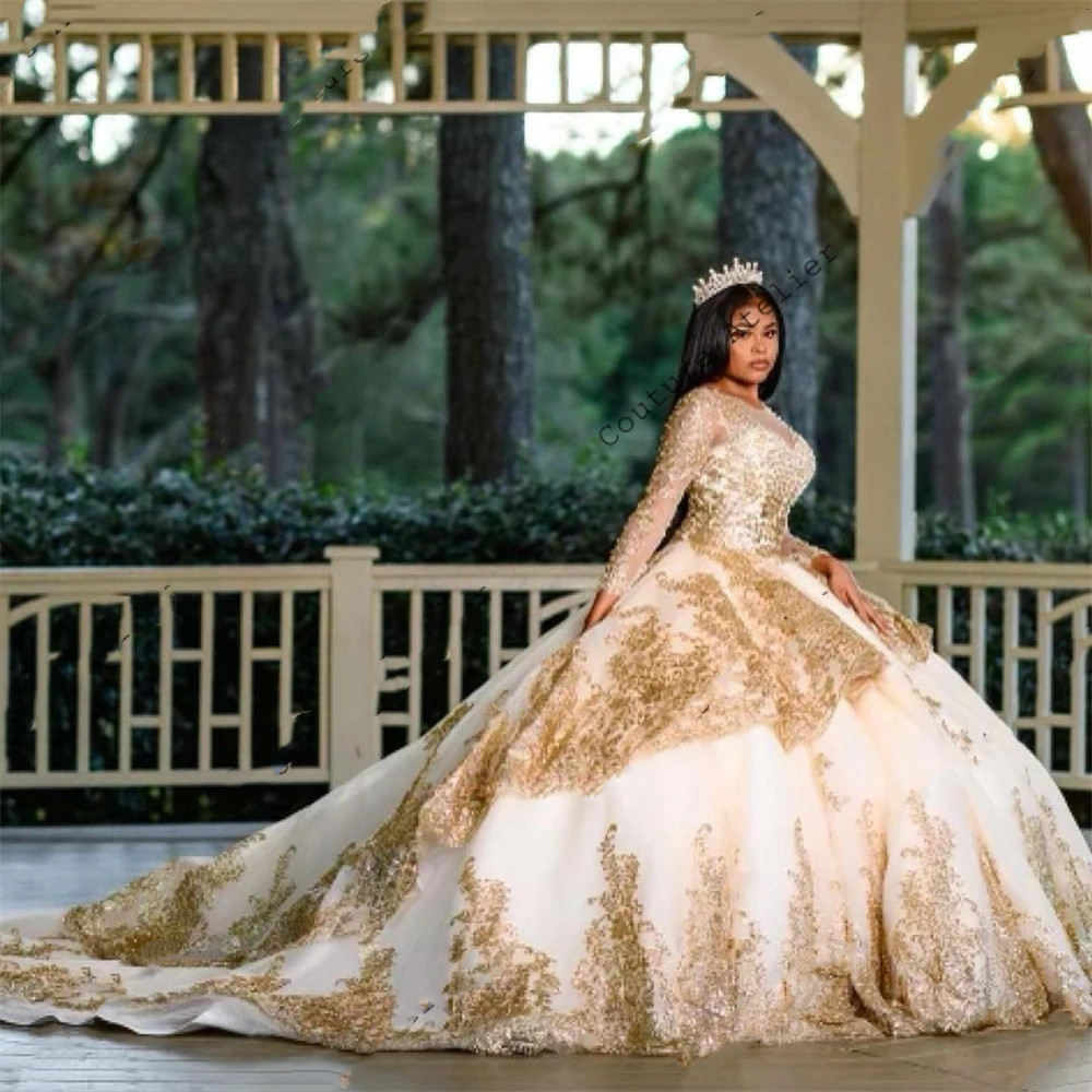 Champagne gold Long Sleeve Ball Gown Quinceanera Dresses Formal Prom Graduation Gowns Lace Up Princess Sweet 16 Dress vestidos de 15
