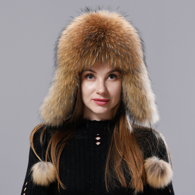 Natural Fur Russian Aviation Hat with Ears Ushanka Women Winter Warm Fluffy Stylish Female Tail Cap Fashion Real Hats 220817