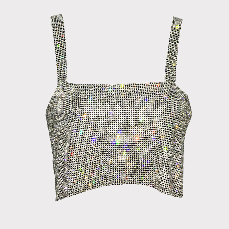 Women s Party Crop Top Female Solid Backless Straps Full Diamonds Sequins Cami Lady Trendy Sleeveless 220316