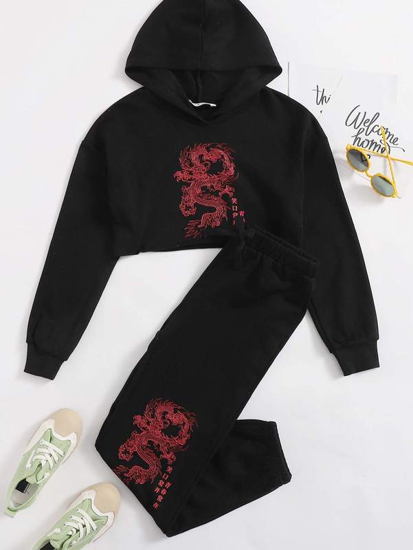 Girls Drop Shoulder Chinese Dragon Print Crop Hoodie & Joggers Set SHE