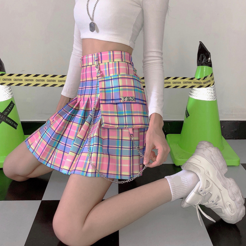 Summer Plaid Y2k Kawaii Pink Woman Mini Skirts Aesthetic A Line Pleated Harajuku Gothic Rainbow Sexy Club Women's 220317