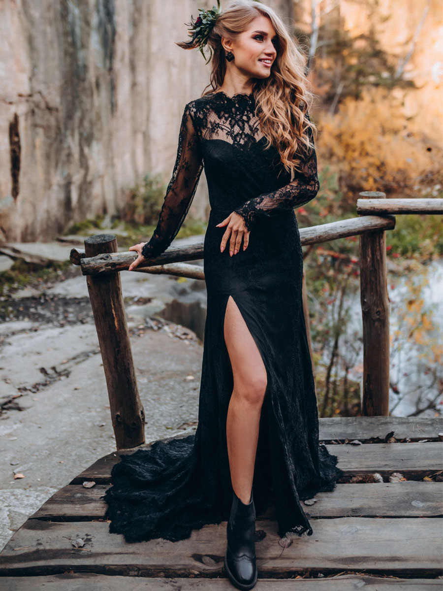 Black Gothic Wedding Dress Side Split Sexy Backless Lace Boho Bridal Gowns Vintage Long Sleeve Country Robe De Mariee Sweep Train Vestido