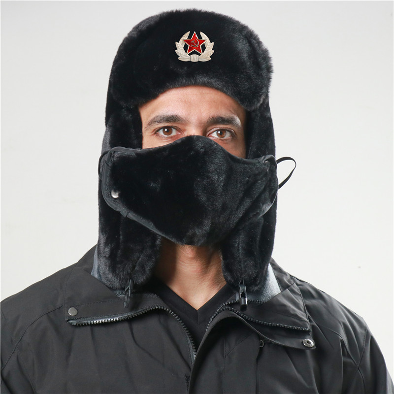 CAMOLAND Soviet Army Military Badge Bomber Hat Men Women Russia Ushanka Hats Faux Rabbit Fur Earflap Snow Caps Trapper 220817gx