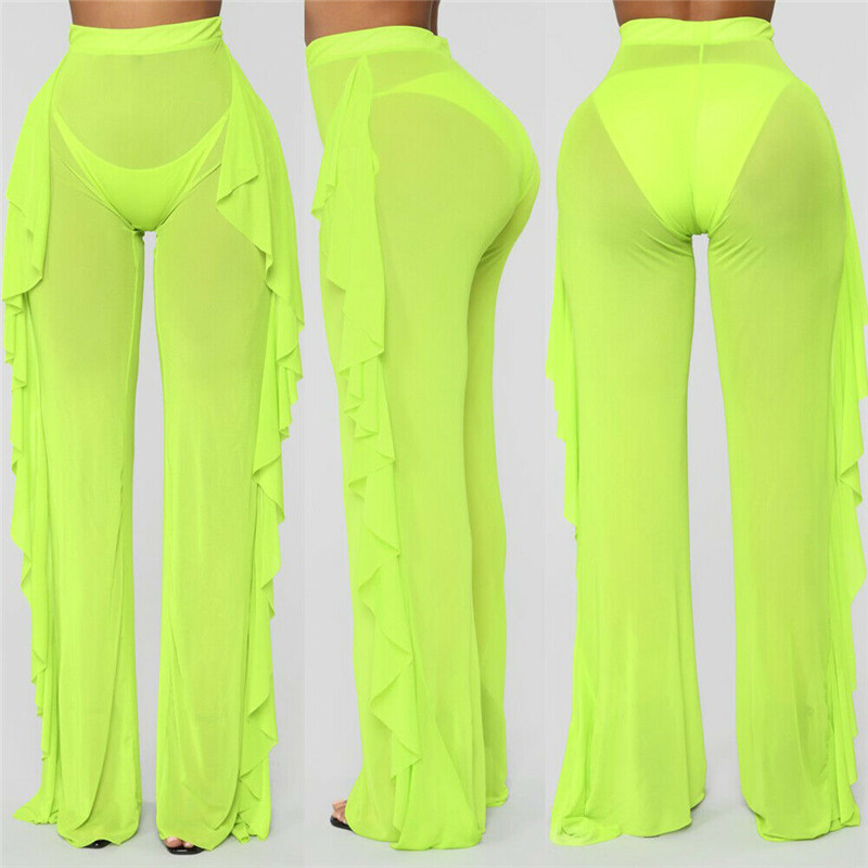 Sexy Women See-through Pants Bikini Cover Up Mesh Ruffle Bottoms Plus Size Loose Long Trousers Beachwear Swimwear Swimsuit 220426