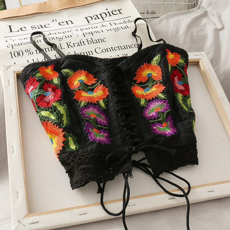 Boho Embroidery Flower Women Tanks Camis Sleeveless Bandage Knitted Fashion Summer Vest Short Slim Chic Lady Tops Y1130 220325