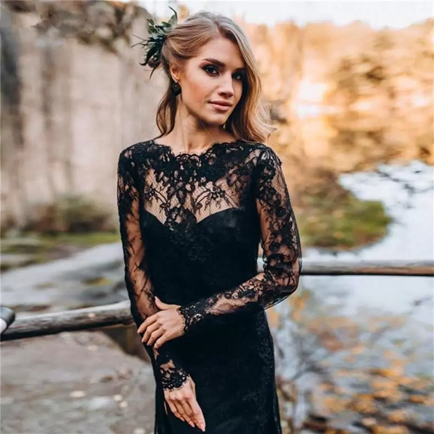 Black Lace Wedding Dresses Bridal Gown Backless Long Sleeves A E Sweep Train Scalloped Necke Side Slit Country Beach Custom Made Vestido De Novia