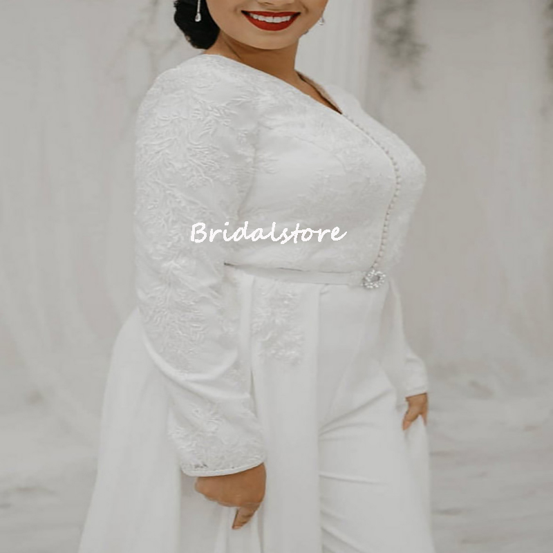 White Caftan Algerian Wedding Dress 2022 Plus Size Long Sleeve Jumpsuit Boho Bridal Dresses With Pantsuit Beadd Lace Muslim Bride Party Gowns Sexy Rob
