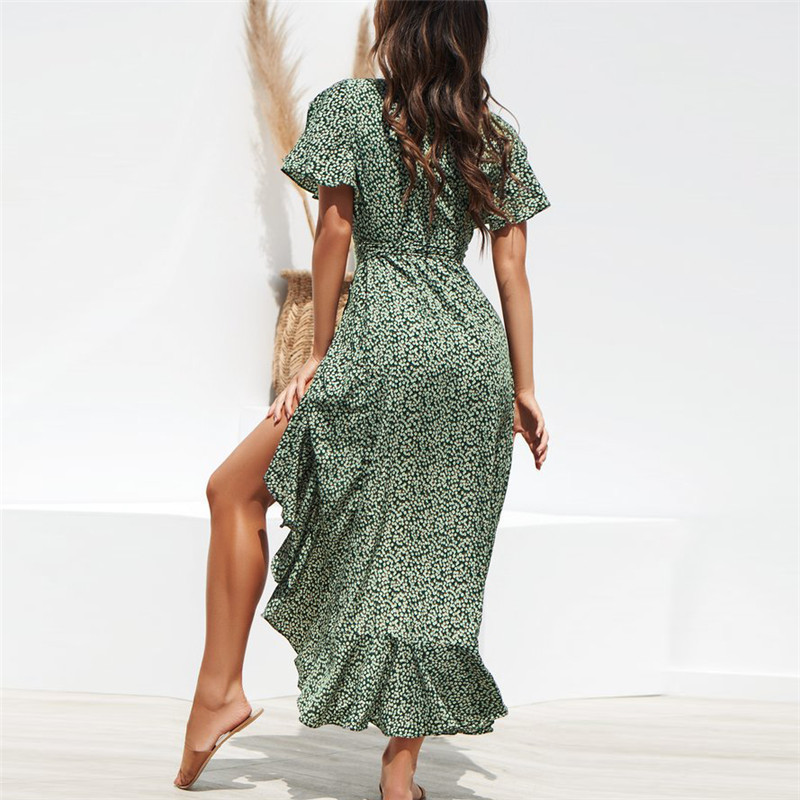 Summer Beach Maxi Dress Women Floral Print Boho Long Chiffon Dress Ruffles Wrap Casual V-Neck Split Sexy Party Dress Robe 220510