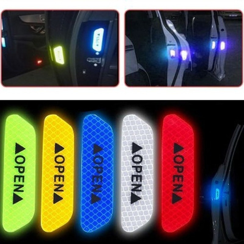 4Pcs Car Door OPEN Reflective Stickers Safety Warning Mark OPEN Tape Motorcycle Bike Auto Accessories Exterior Door Decals DIY