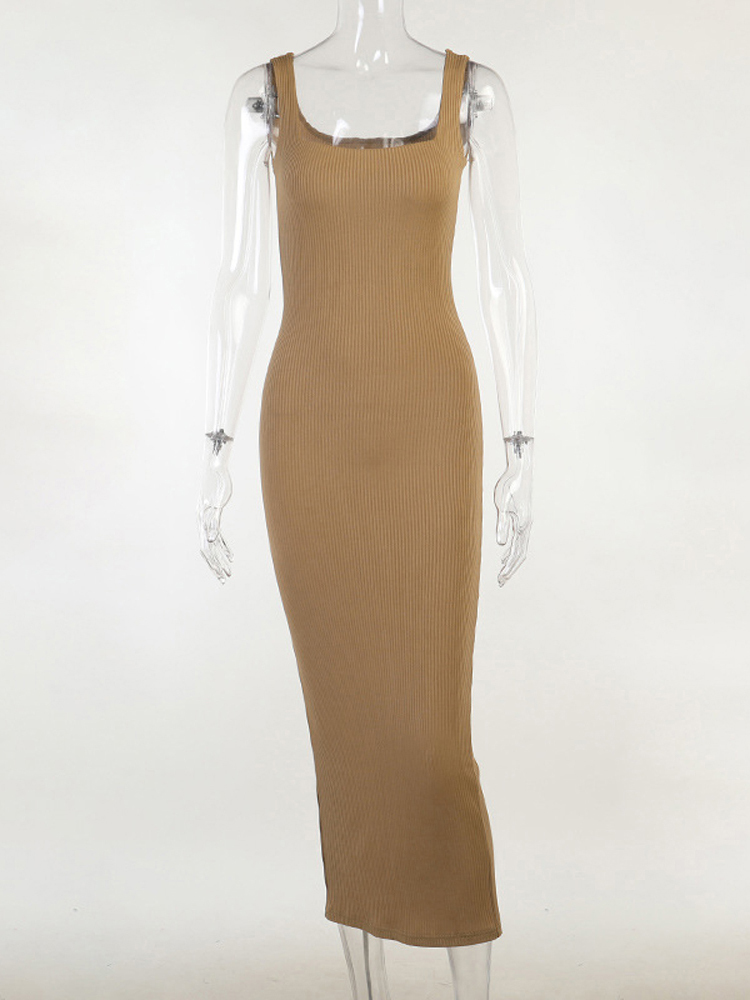Asia Ribbed Knit Dress Hollow out Split Square Neck Bodycon Elastic Summer Maxi Dress Women Sexy Party Elegant Tank Dresses 220511