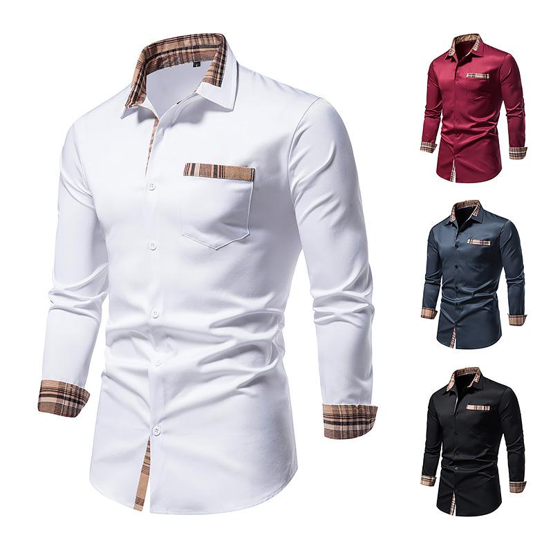 Autumn Men's Casual Long Sleeve Formal Shirt Plaid Collar Button Up Shirt