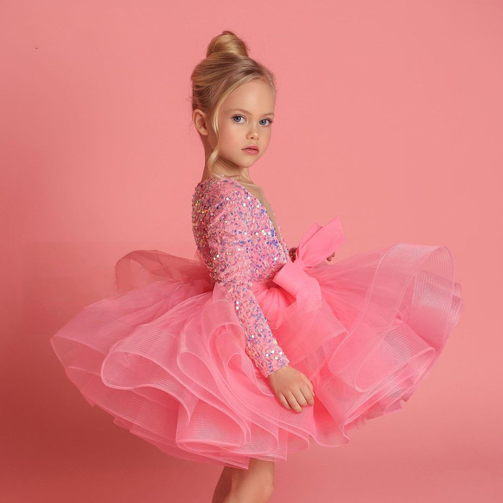 2023 Bling Beaded Crystal Flower Girls Dresses For Teens Tulle Floor Length Beach Girl Pageant Party Gowns Tulle Skirt Formal Kids Christmas Wear