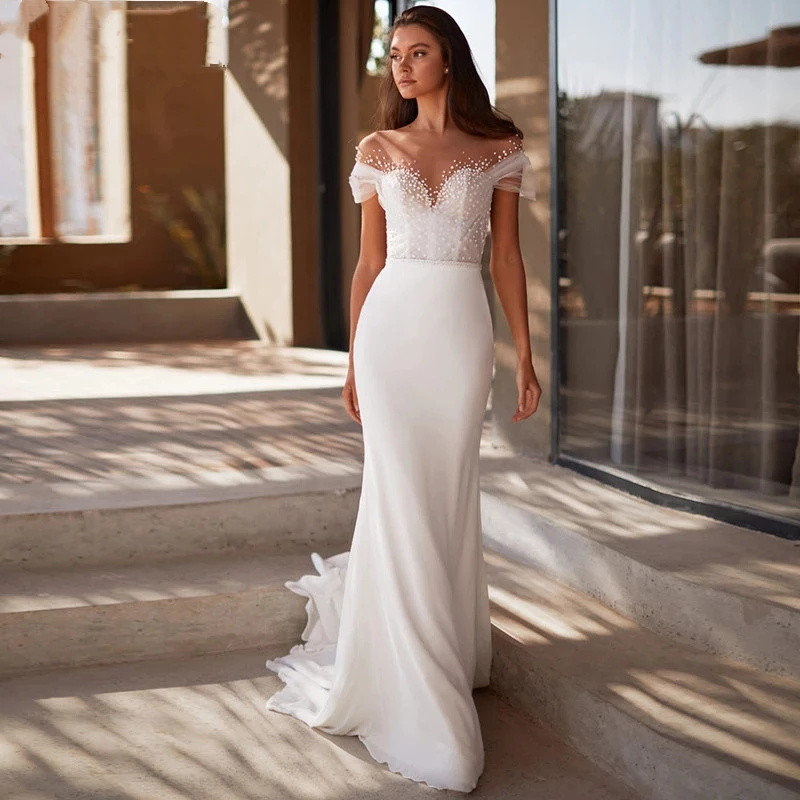 Sexy Mermiaid Wedding Dresses Sleeveless Deep-V Neck Off Shoulder Sequins Beaded Bridal Gowns Illusion Sweep Train Custom Made Lace Applique Sequins R
