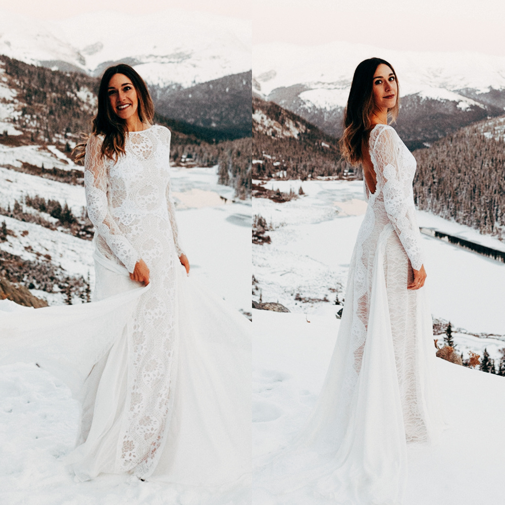 Sexy Open Back Lace Boho Wedding Dress Pattern Lace Applqiues A Line Long Bridal Gowns Full Sleeve 2022 Winter Autumn Bride Dresses Chiffon Court Trai