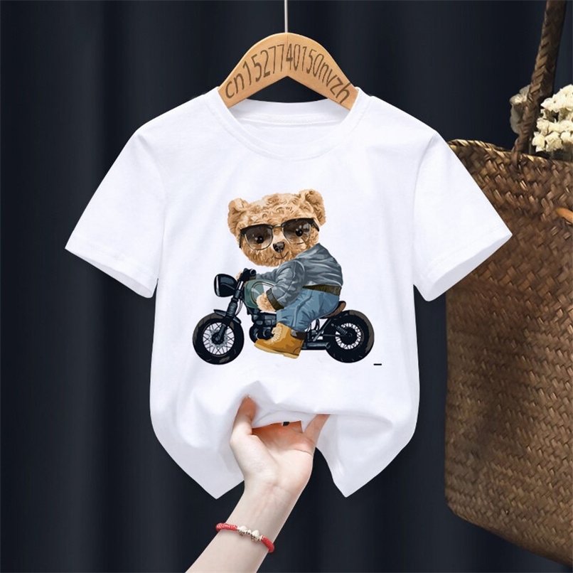 Funny Bear Riding Motorcycle Print Boy Girl White T shirt Kid Summer Harajuku Kawaii Little Baby Y2K Clothes Drop Ship 220614