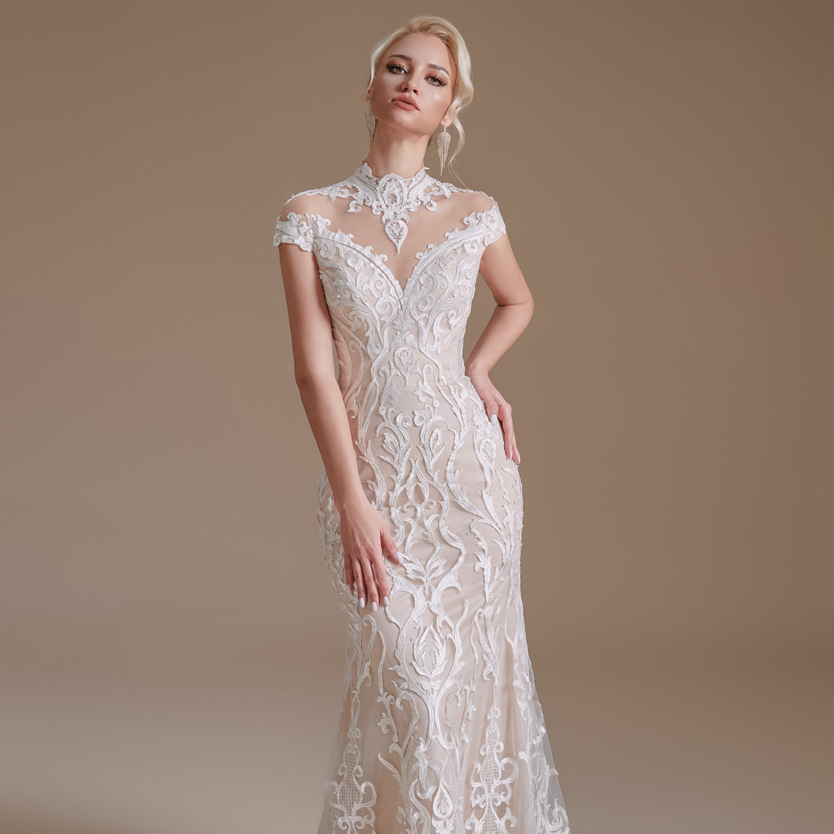 Vintage High Neck Lace Mermaid Wedding Dresses Sheer Cap Sleeves Beaded Illusion Backless Sweep Train Bridal Gowns vestidos de novia Wedding Dress CPS