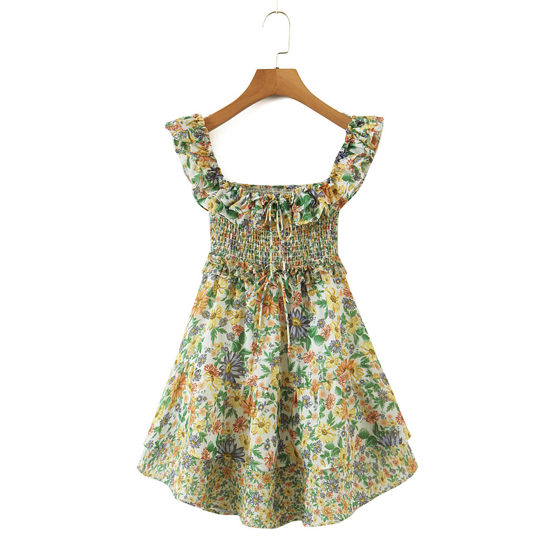 Sexy Floral Print Back Waist Hollow Out Backless Ruffle Strap Mini Dress Sleeveless Short Tank Dresses Holiday Woman Robe 220511