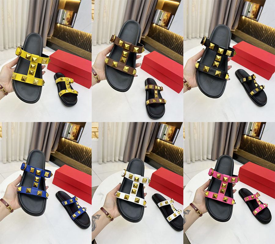 Designer Women Slipper Roman Stud Flat Calfskin Slide Sandal Indoor Slippers Summer Luxury Fashion girl Beach Flat Flip Flops Shoes