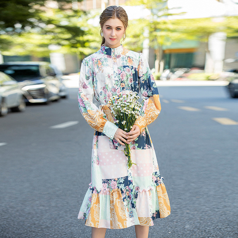 Women's Runway Dresses Stand Collar Long Sleeves Printed Ruffles High Street Fashion Casual Dress Vestidos