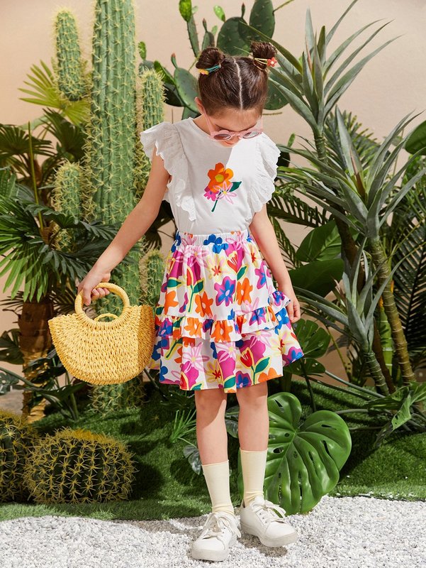 Girls Ruffle Trim Floral Print Top & Layered Skirt SHE