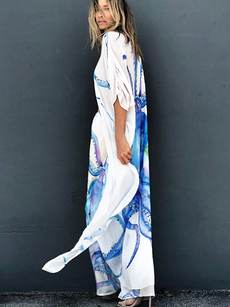 Beach Pants Long Chiffon Beach Cover Up Print Beachwear Plus Size Kimono Tunic For Beach Swimsuit Cover Up Sarong Kaftan 220622