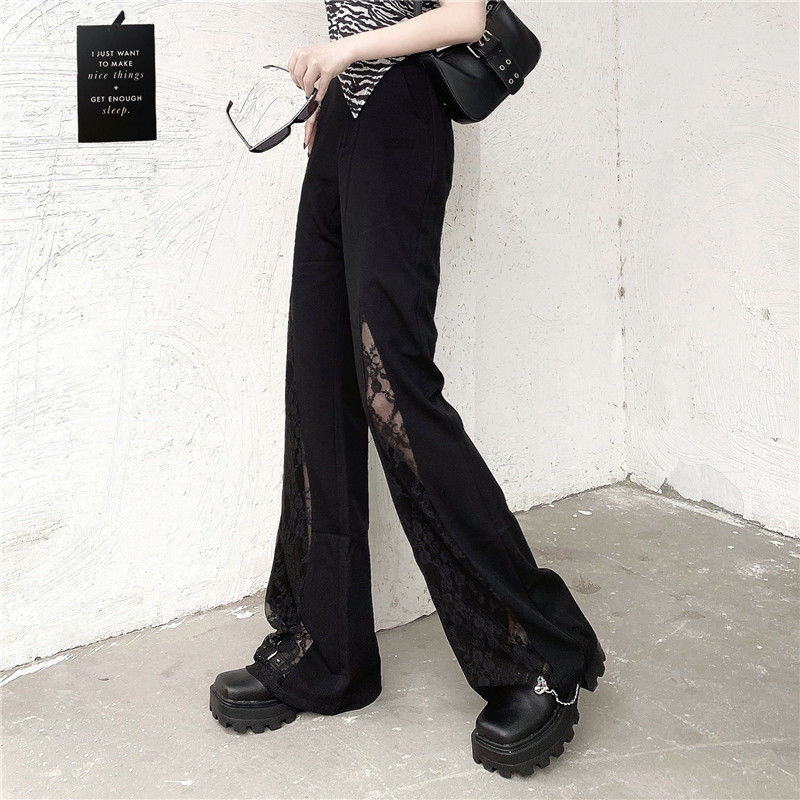 Black Lace Gothic Flare Pant Plus Size Vintage Fairy Grunge Punk Harajuku Trousers Y2k Dark Aesthetic Emo Alt Clothes 220325